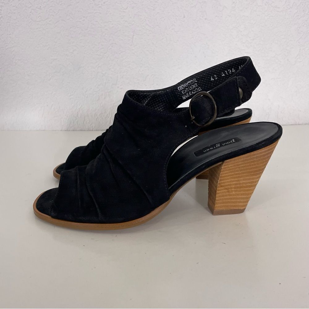 Paul Green Black Leather Suede Peep Toe Heeled Sandals Size 7
